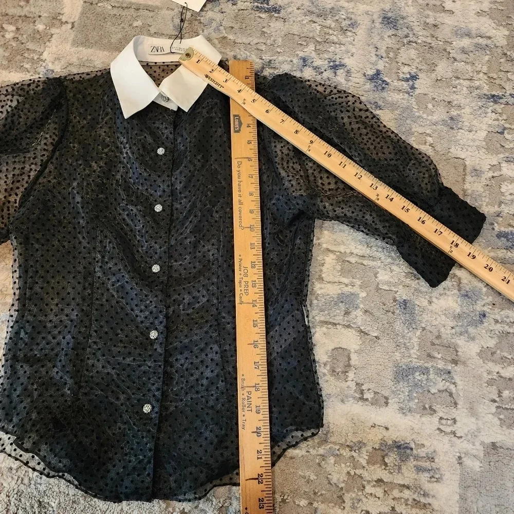 NWT Zara Jewel Button Black Sheer Velvet Dot Puff Sleeve Blouse Top Size Small